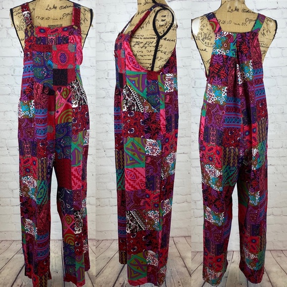 Red Tones Patchwork Print Overalls Jumpsuit - Picture 1 of 1